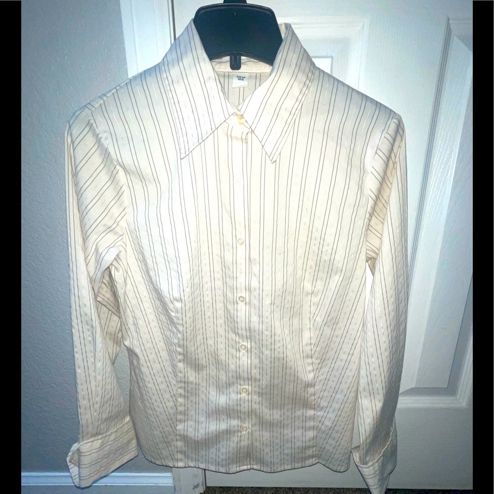 H&M Pink & Green Stripes Long Sleeves Tapered Dress Blouse